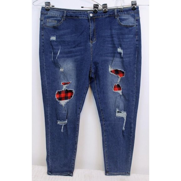 Rose Gal Woman Sz 5XL Dark Wash Jeans Distressed Red & Black Plaid Fabric Under - Picture 1 of 7